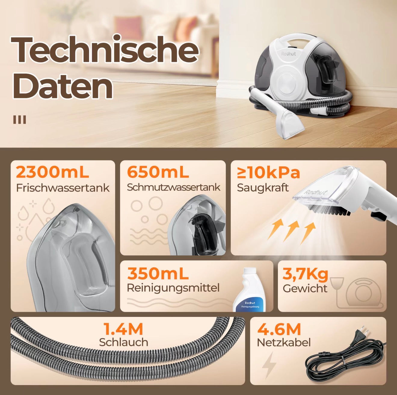 REDHUT Polsterreiniger mit Doppeltank 2300 ml